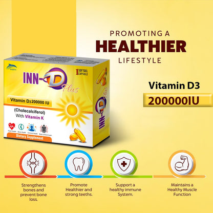 INN-D Plus Softgel Capsule | Vitamin D3 200000 IU with Vitamin K | 1 Softgel | Cholecalciferol Supplement