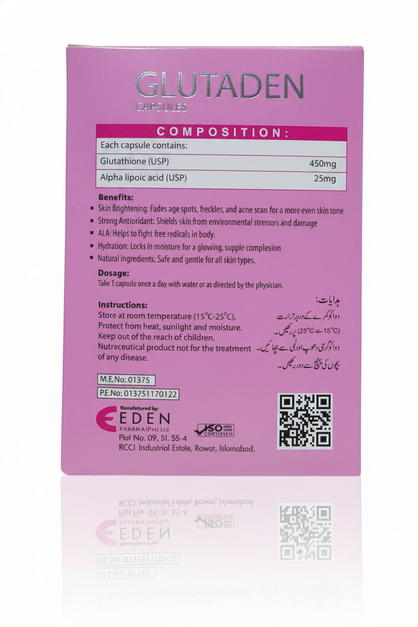 Glutaden Capsules – Skin Whitening & Brightening Formula with Glutathione + Alpha Lipoic Acid – 30 Capsules