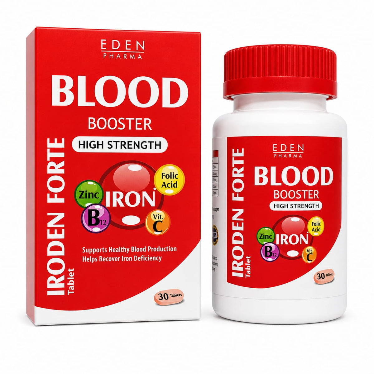 Iroden Forte Tablets – Iron Bisglycinate 135mg , Vitamin B12 & C, Folic Acid & Zinc Supplement for Iron Deficiency & Healthy Blood Production | 30 Tablets