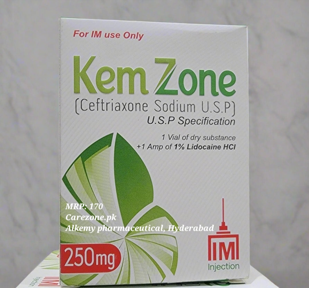 Kemzone 250mg I.M injection (1 vial of dry powder Ceftriaxone Sodium + 1 amp of lidocaine)