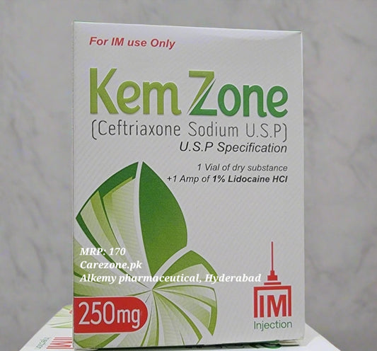 Kemzone 250mg I.M injection (1 vial of dry powder Ceftriaxone Sodium + 1 amp of lidocaine)