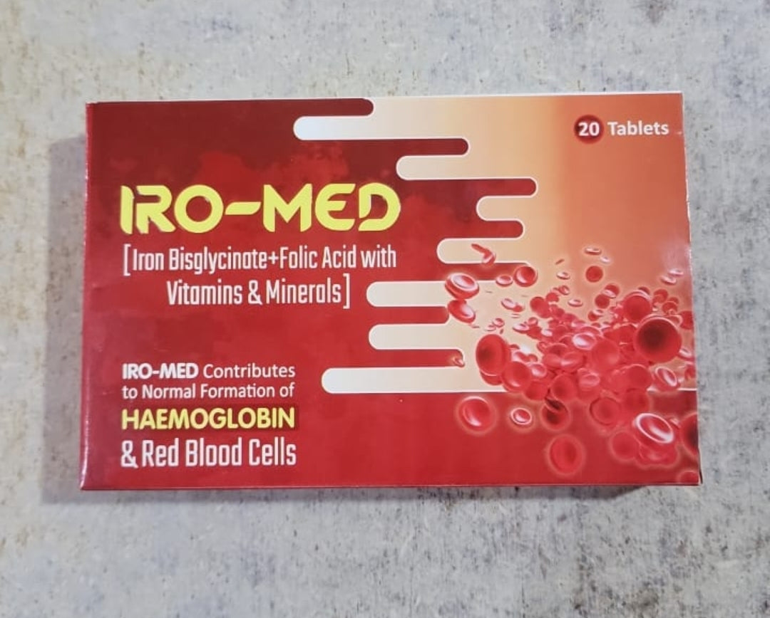 IRO-MED Tablets – Iron Bisglycinate + Folic Acid with Vitamins & Minerals – 20 Tablets | Hemoglobin & RBC Support
