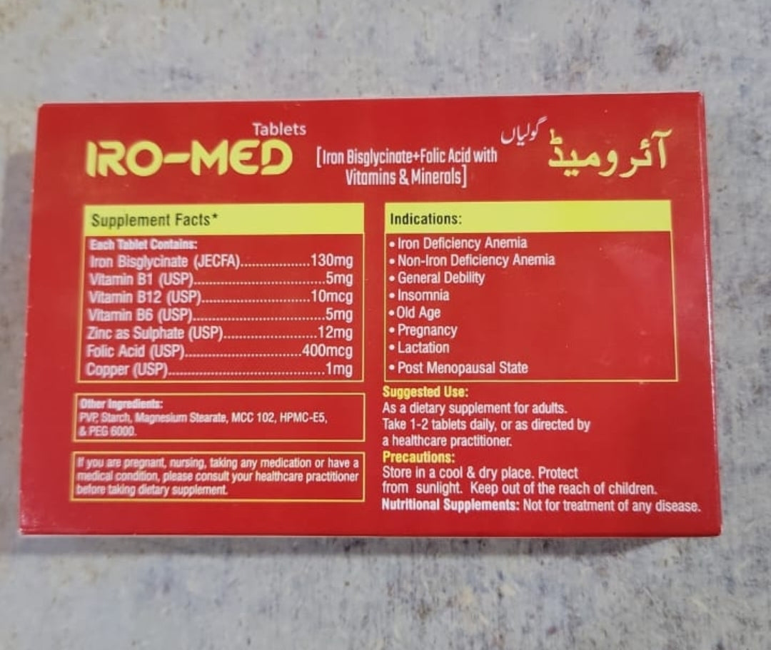 IRO-MED Tablets – Iron Bisglycinate + Folic Acid with Vitamins & Minerals – 20 Tablets | Hemoglobin & RBC Support