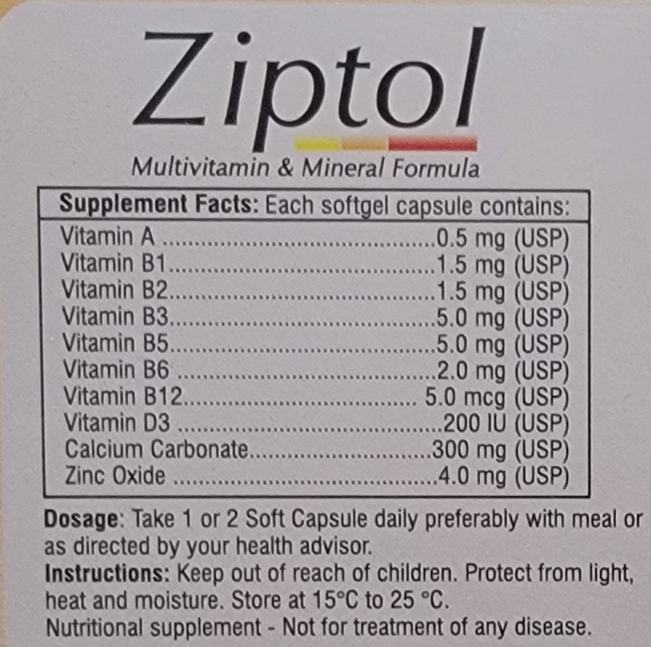 Zipto capsule l Multivitamin & Mineral Formula – 20’s Soft Gel Capsules