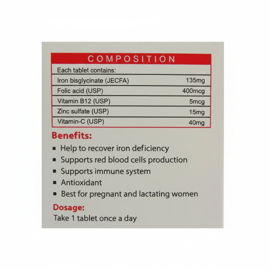 Iroden Forte Tablets – Iron Bisglycinate 135mg , Vitamin B12 & C, Folic Acid & Zinc Supplement for Iron Deficiency & Healthy Blood Production | 30 Tablets