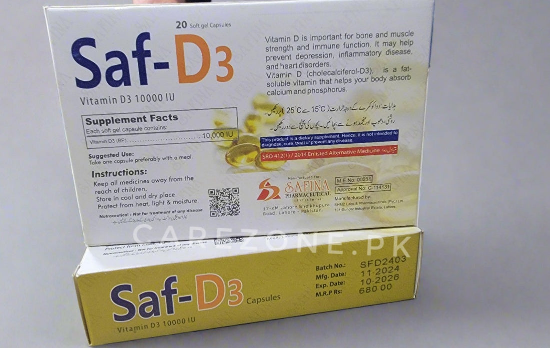 Saf-D3 Vitamin D3 10000 IU - 20 Softgel Capsules | Vitamin D3 capsule