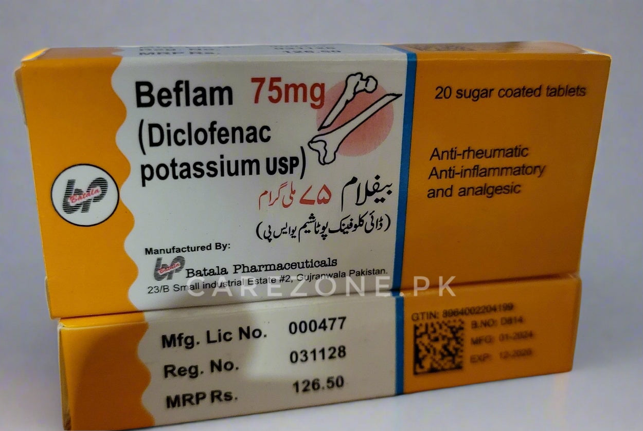 Beflam 75mg (Diclofenac Potassium USP) - 20 Sugar-Coated Tablets - Anti-Rheumatic, Anti-Inflammatory & Analgesic