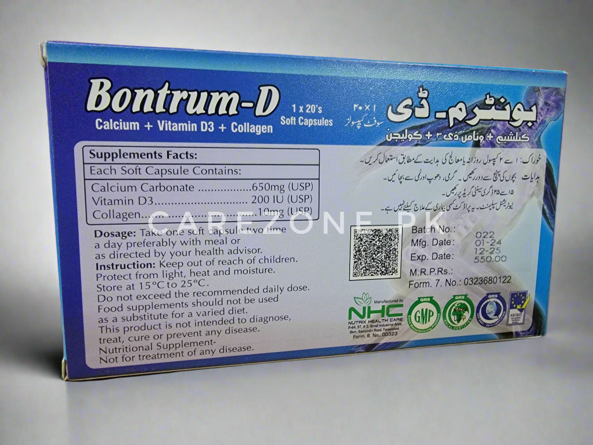Bontrum-D Capsule (Collagen Capsules for healthy skin)– Calcium, Vitamin D3 & Collagen – 20 Softgel Capsules