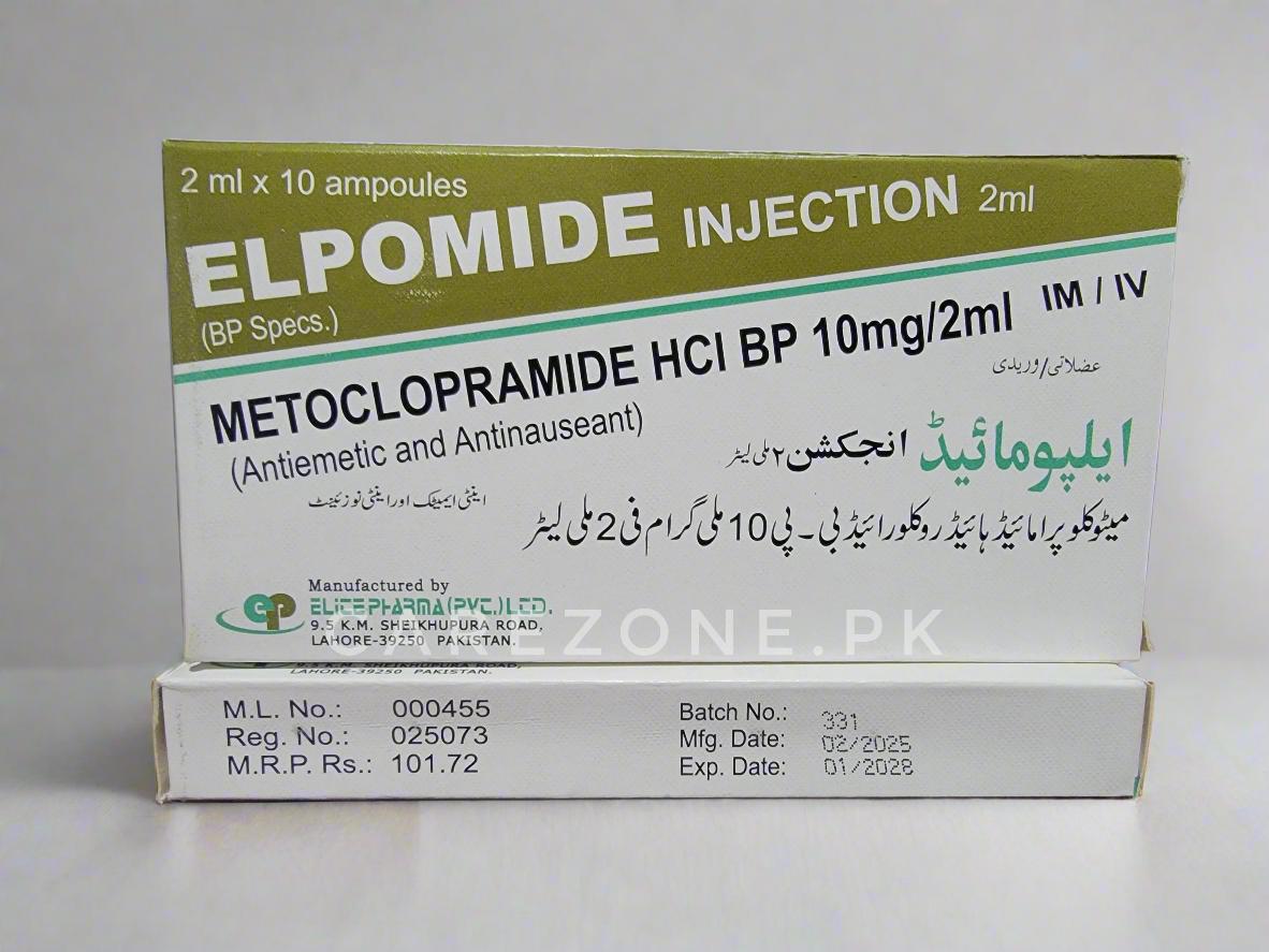 Elpomide Injection – Metoclopramide HCl 10mg/2ml – 2ml x 10 Ampoules | Antiemetic Injection