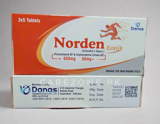 Norden Extra Tablets  (Paracetamol BP 650mg + Orphenadrine Citrate BP 50mg) Muscle Relaxant | 15 Tablets