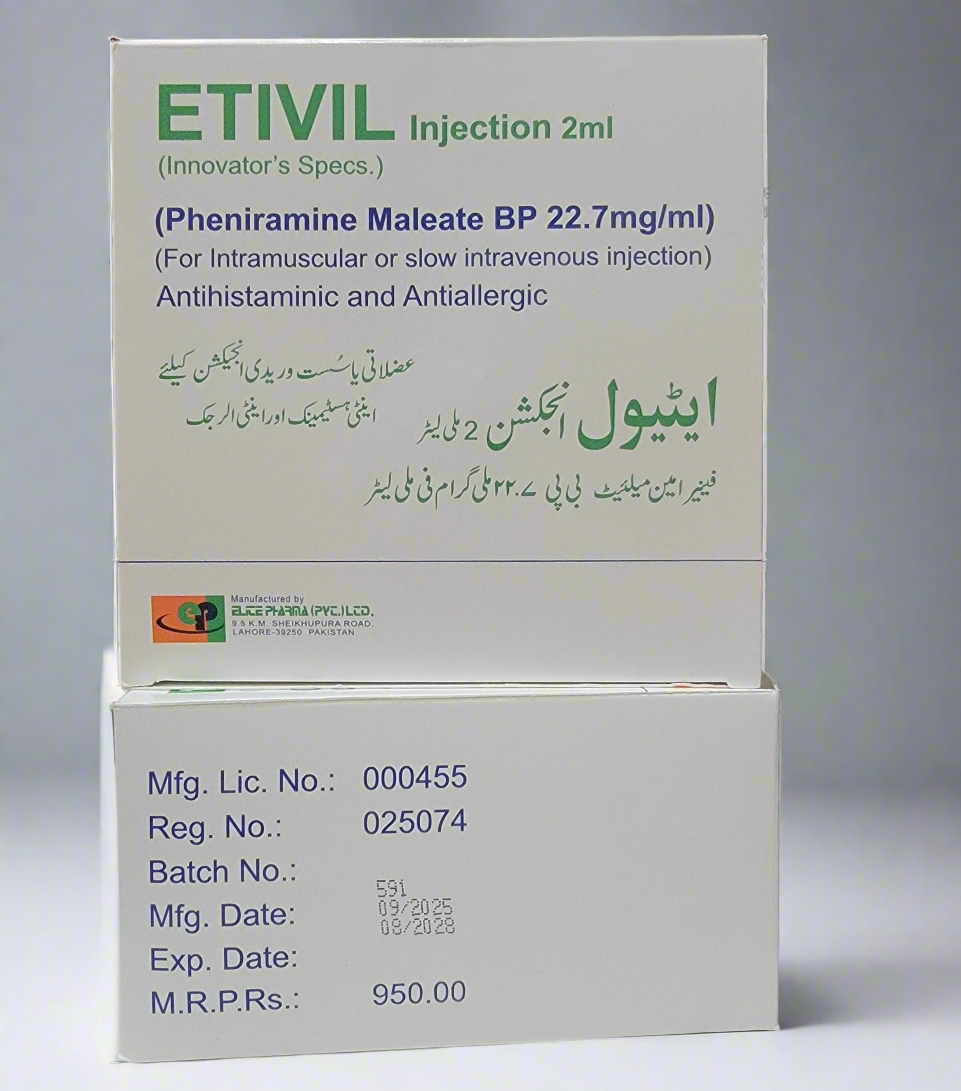 Etivil Injection 2ml (Pheniramine Maleate 22.7mg/ml) – 100 Ampoules | Effective Antihistamine, Avil Alternative