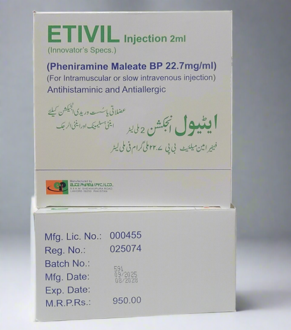 Etivil Injection 2ml (Pheniramine Maleate 22.7mg/ml) – 100 Ampoules | Effective Antihistamine, Avil Alternative