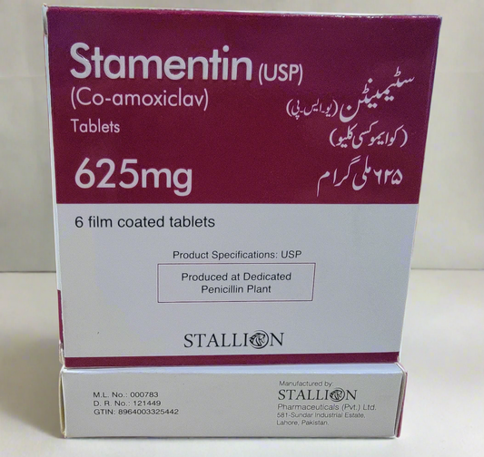Stamentin 625mg Tablets – Co-Amoxiclav USP – 6 Film-Coated tablets