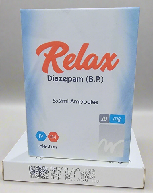Relax Injection 10mg – Diazepam BP – 5 x 2ml Ampoules for IV/IM Use
