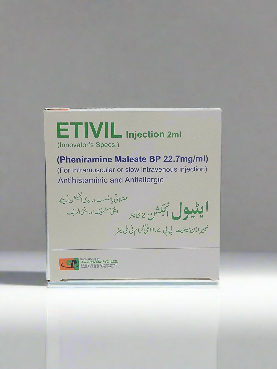 Etivil Injection 2ml (Pheniramine Maleate 22.7mg/ml) – 100 Ampoules | Effective Antihistamine, Avil Alternative