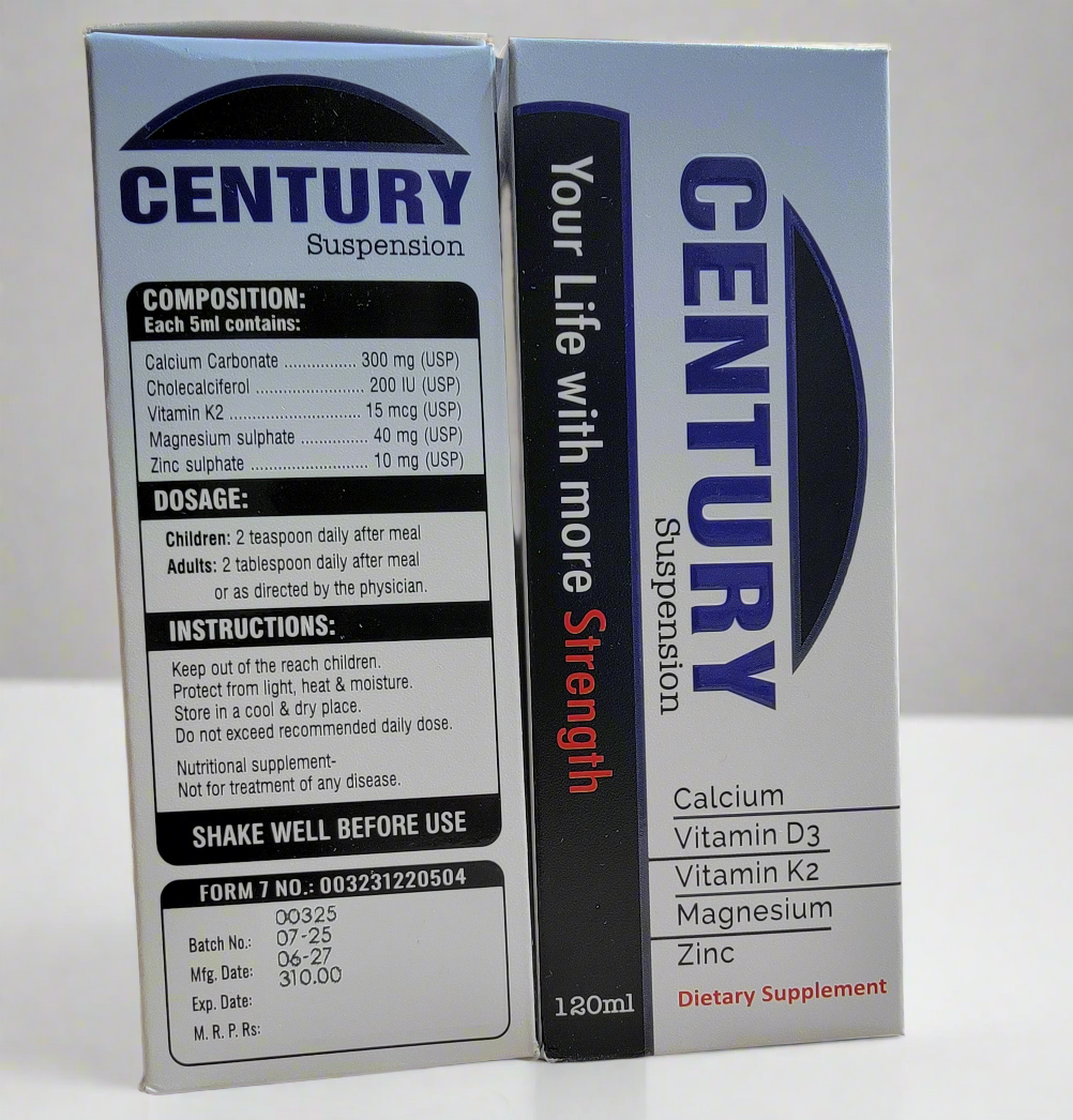 Century Suspension 120ml (Calcium + Vitamin D3 + Vitamin K + Magnesium + Zinc) Best Calcium Suspension in Pakistan for Strong Bones & Immunity