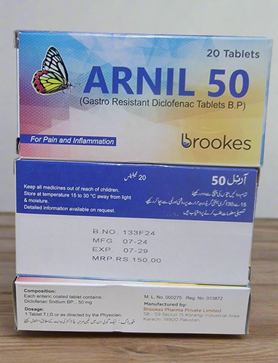 Arnil 50 (Diclofenac Sodium BP) 50mg Gastro-Resistant Tablets – Pack of 20 Tablets for Pain & Inflammation