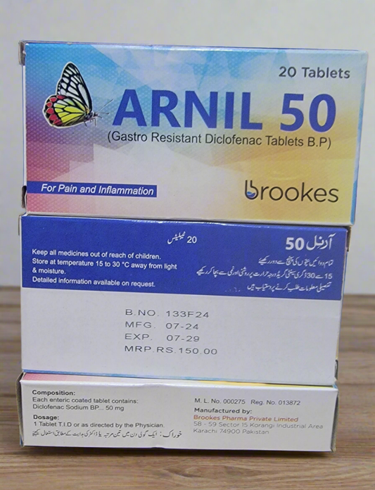 Arnil 50 (Diclofenac Sodium BP) 50mg Gastro-Resistant Tablets – Pack of 20 Tablets for Pain & Inflammation