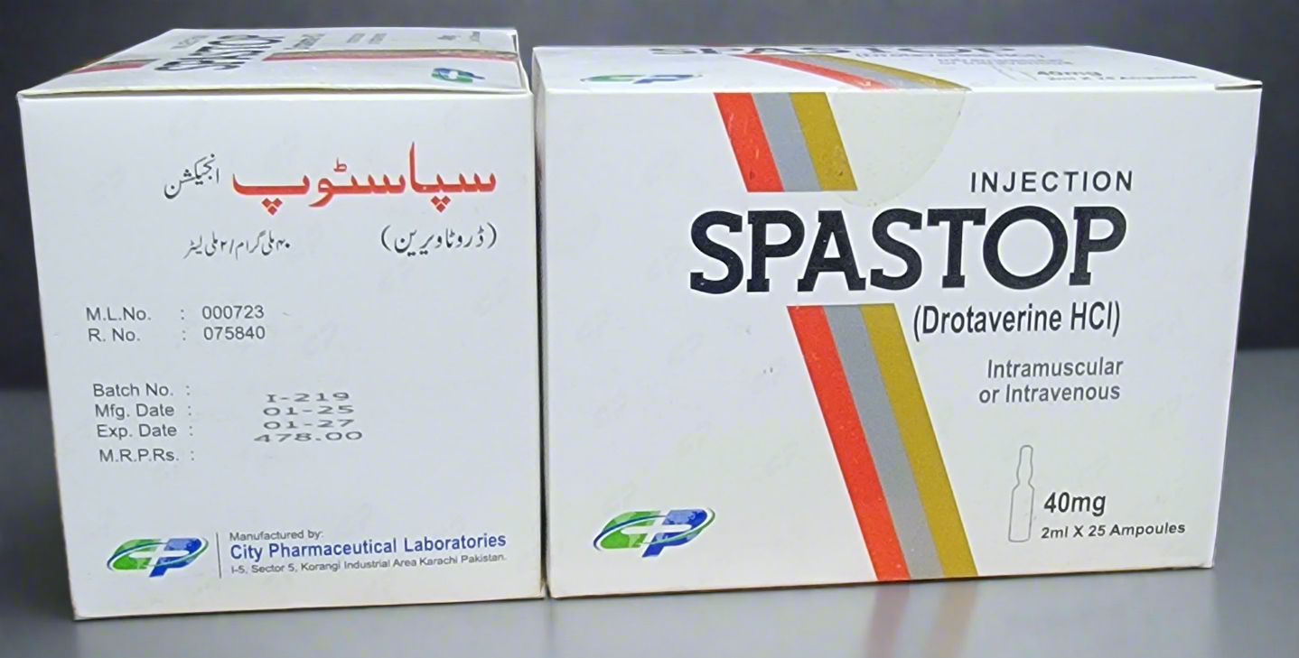 Spastop Injection 40mg/2ml (Drotaverine HCl) – 2ml x 25 Ampoules | Antispasmodic for Pain & Cramps