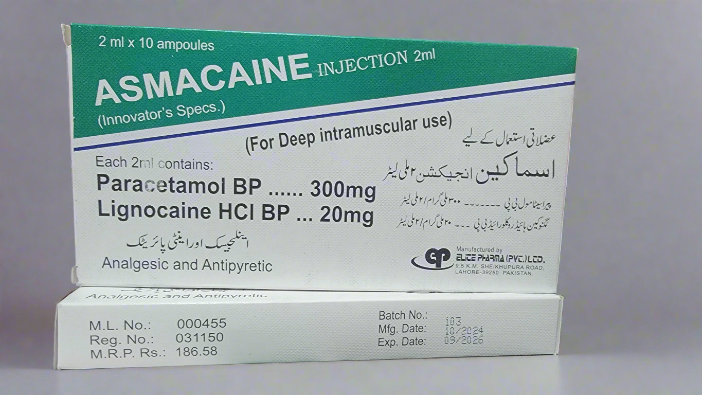 Asmacaine Injection 2ml  (Paracetamol 300mg + Lignocaine HCl 20mg) - 10 Ampoules