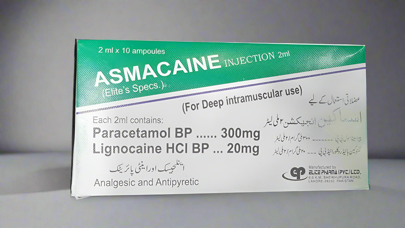 Asmacaine Injection 2ml  (Paracetamol 300mg + Lignocaine HCl 20mg) - 10 Ampoules