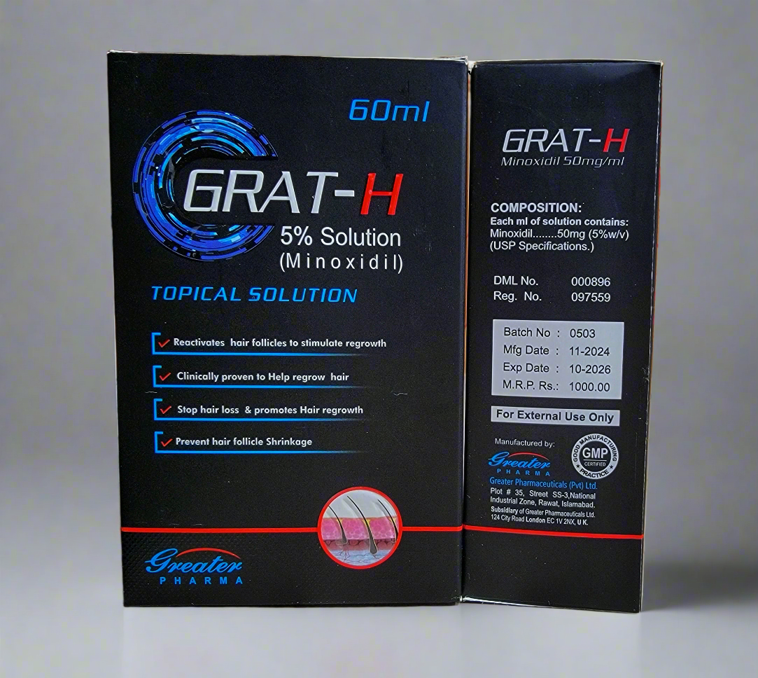 Grat-H 60ml – Minoxidil 5% Hair Regrowth Solution in Pakistan – Best Treatment for Hair Loss & Baldness