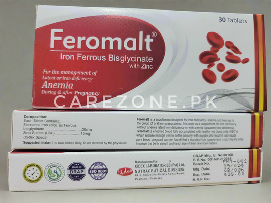 Feromalt Tablet (Iron Ferrous Bisglycinate 20mg + Zinc Sulfate 15mg) – Pack of 30 Tablets