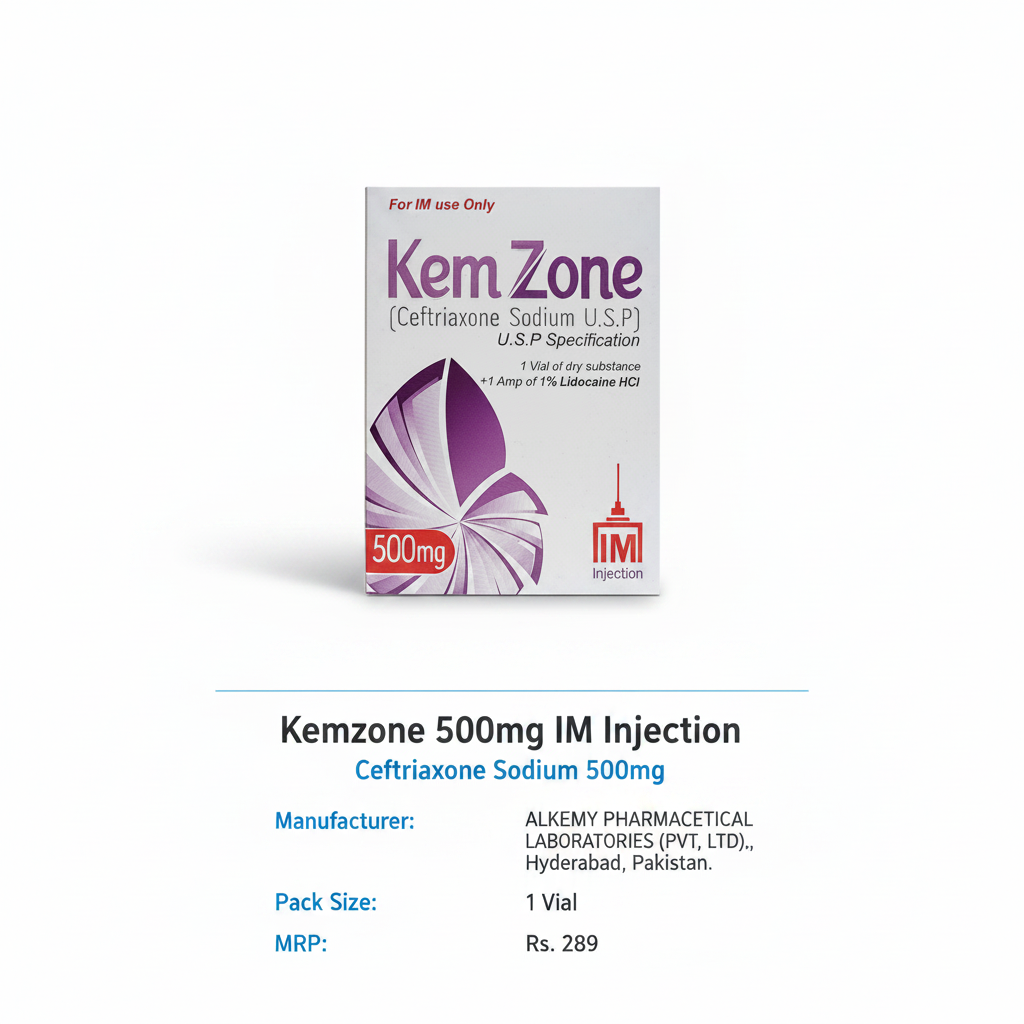 Kemzone 500mg IM Injection – 1 vial of dry powder Ceftriaxone Sodium 500mg + 1 amp of lidocaine)