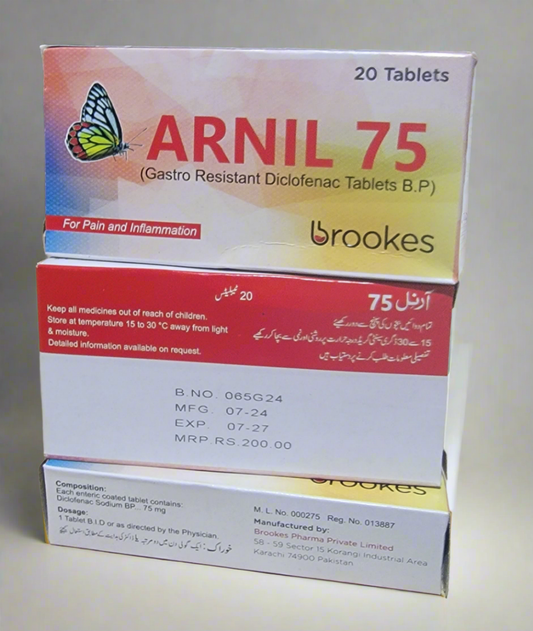 Arnil 75 (Diclofenac Sodium BP) 75mg Gastro-Resistant Tablets – Pack of 20 Tablets for Pain & Inflammation
