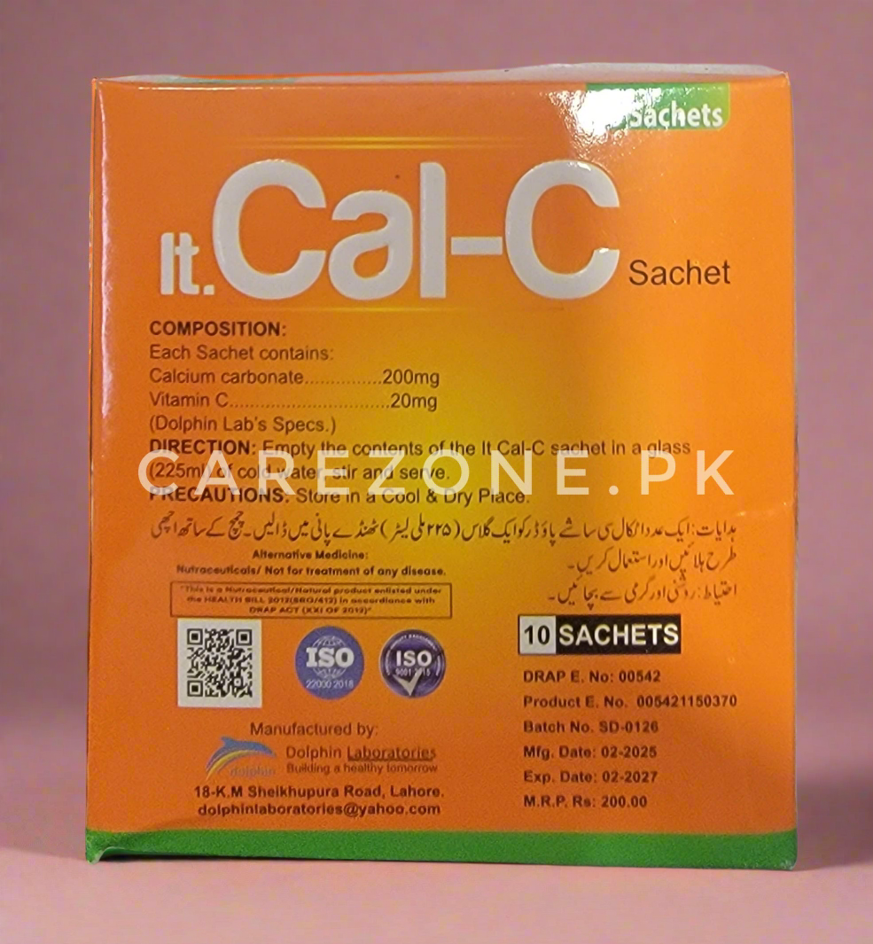 Cal-C Sachet – Calcium Carbonate 200mg + Vitamin C 20mg | 10 Sachets | Bone & Immunity Support