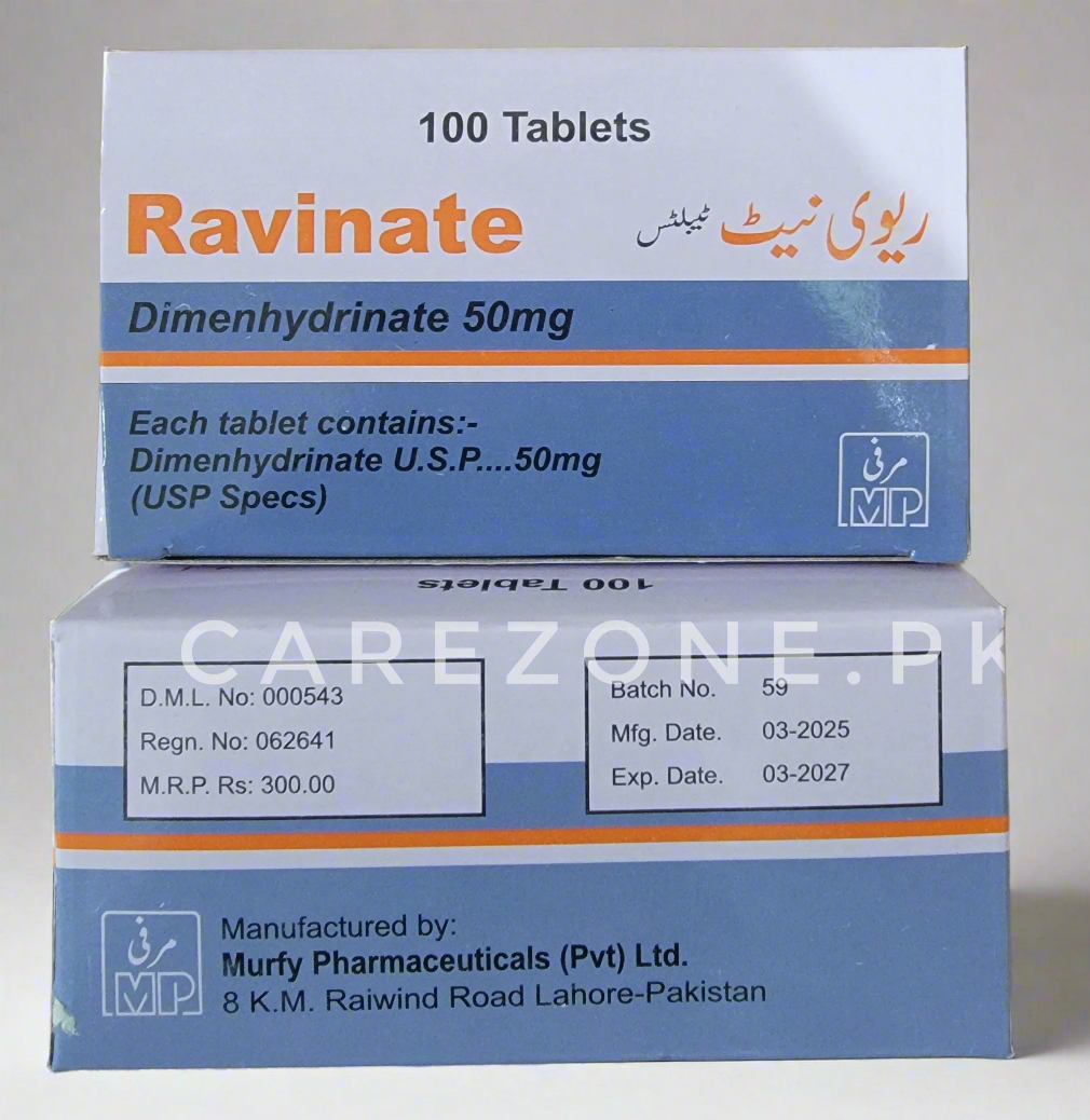 Ravinate 50mg (Dimenhydrinate) – 100 Tablets | Motion Sickness & Nausea Relief