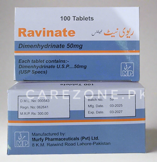 Ravinate 50mg (Dimenhydrinate) – 100 Tablets | Motion Sickness & Nausea Relief