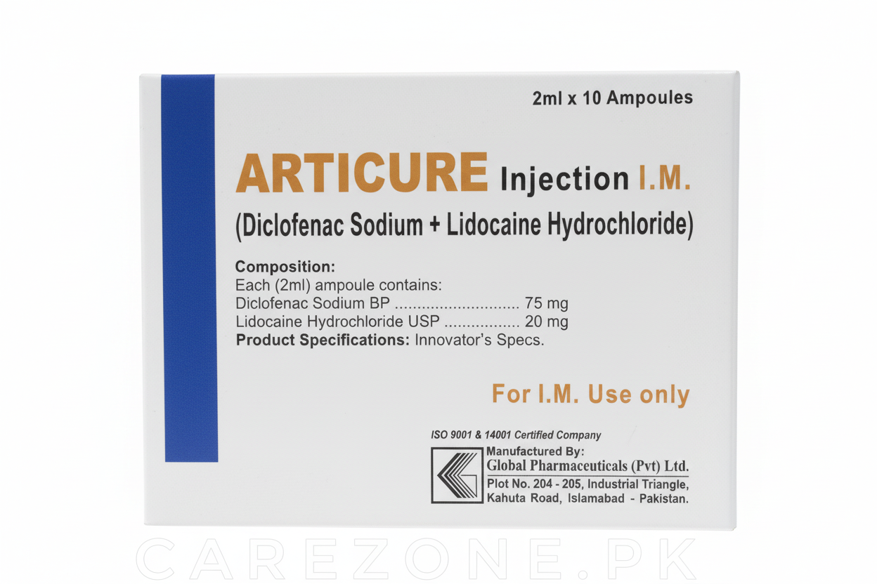 Articure Injection I.M. 2ml (Diclofenac Sodium 75mg + Lidocaine Hydrochloride 20mg) - 10 Ampoules | Pain Relief