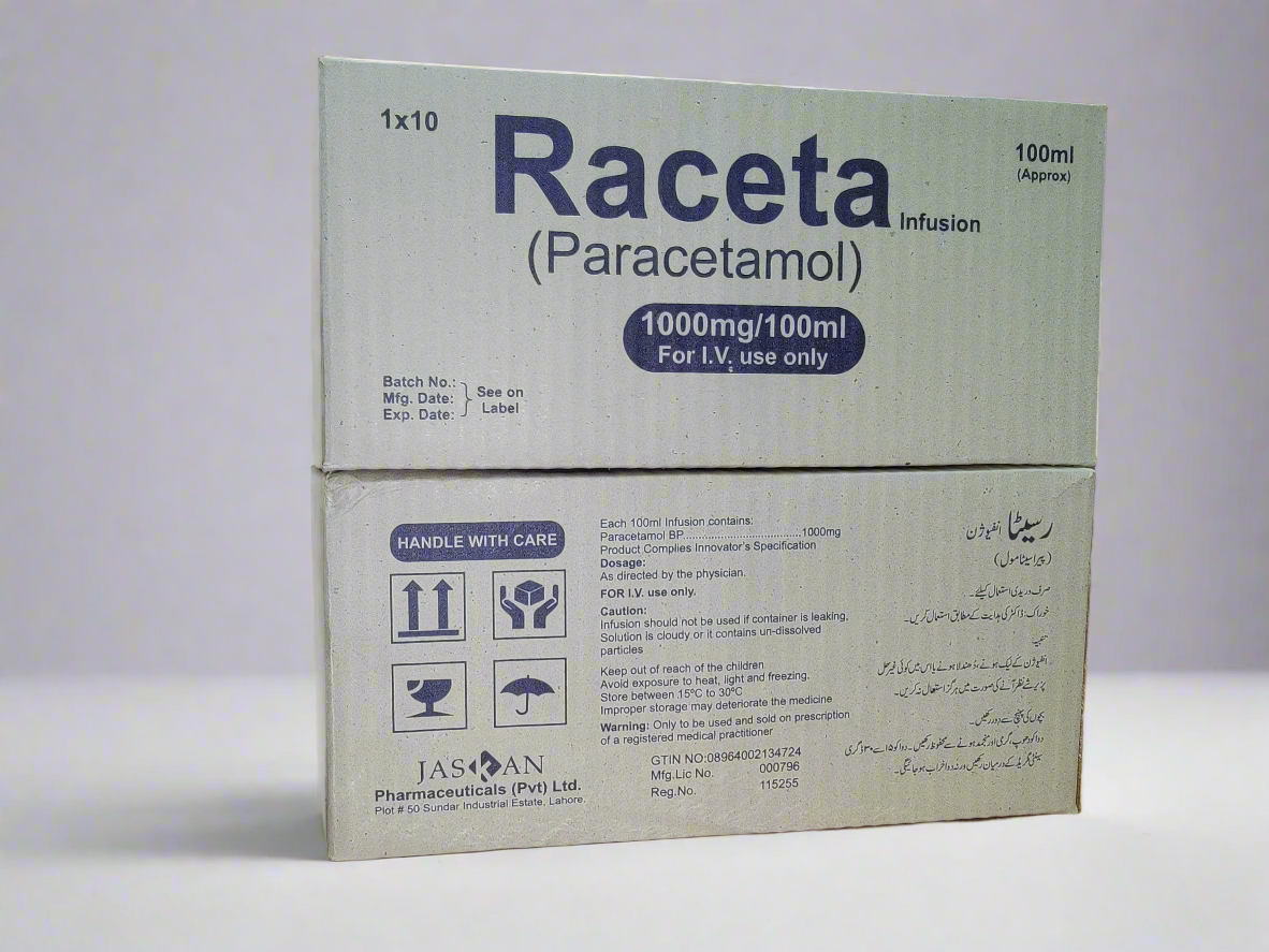 Raceta (Paracetamol) 100mg/10ml IV Infusion 100ml – Fever & Pain Relief