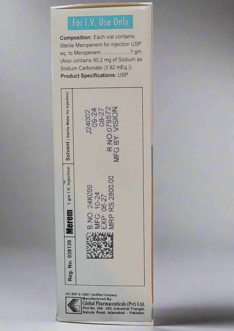Merem 1g Injection i.v (Meropenem 1g) Broad-Spectrum Antibiotic | 1 Vial - Meropenem Injection Price in Pakistan