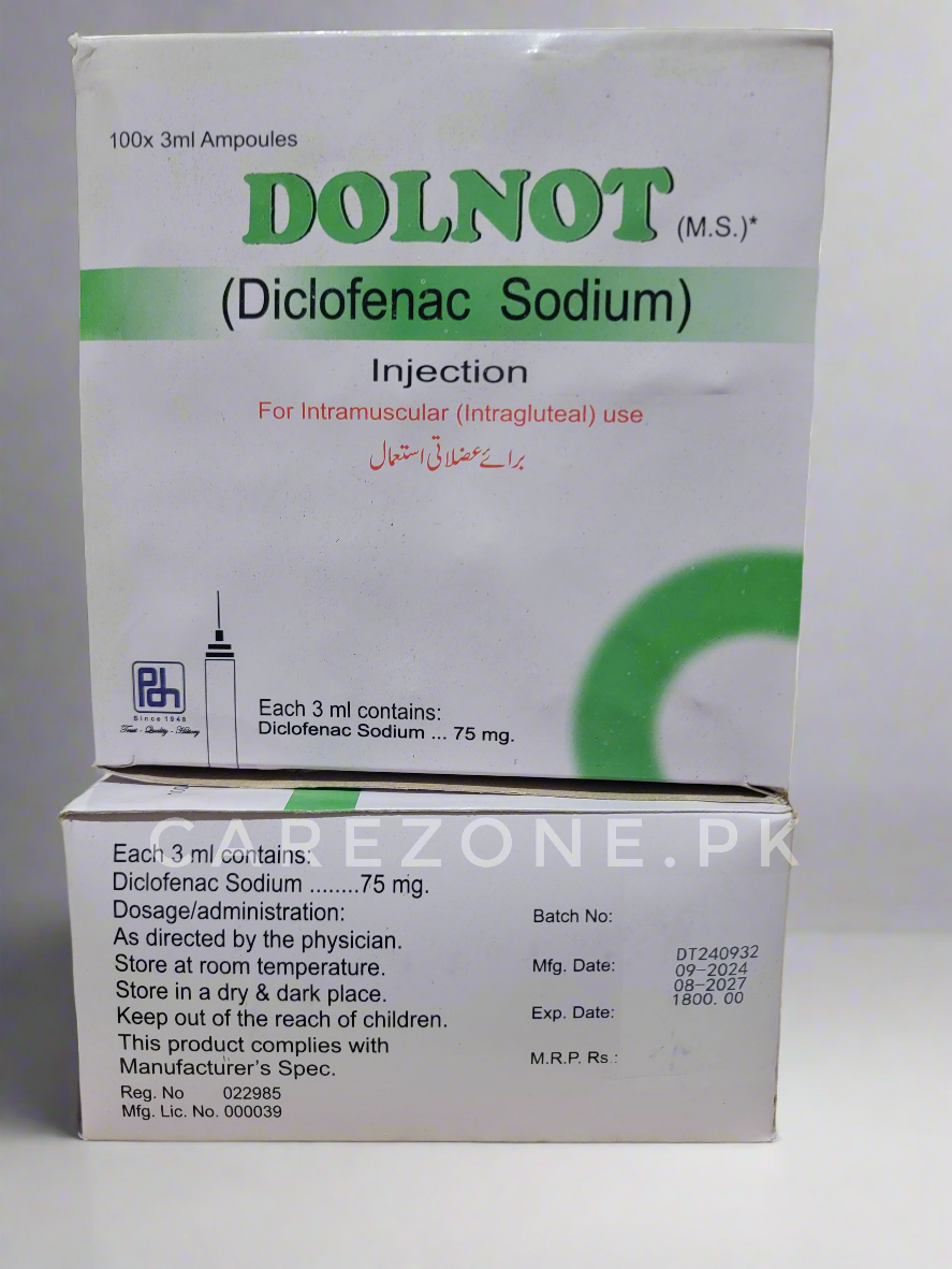Dolnot Injection 75mg/3ml – Diclofenac Sodium – 100 Ampoule – Pain Relief Injection
