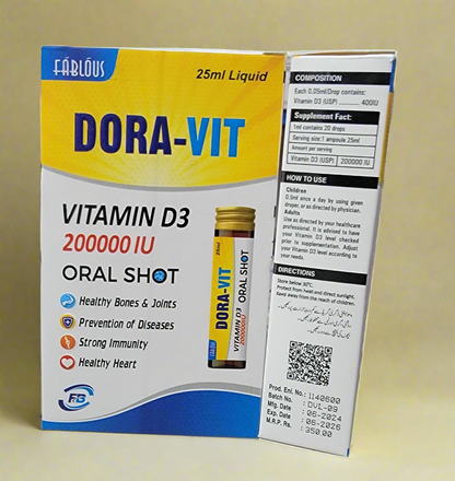 DORA-VIT Oral Shot – Vitamin D3 (Cholecalciferol) 200,000 IU | 25ml Liquid