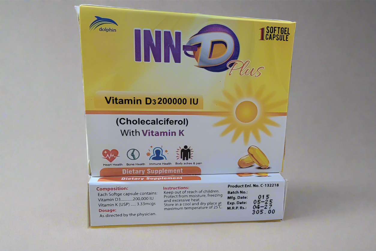 INN-D Plus Softgel Capsule | Vitamin D3 200000 IU with Vitamin K | 1 Softgel | Cholecalciferol Supplement