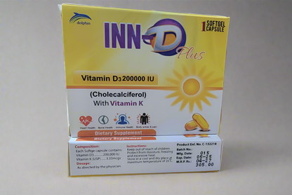 INN-D Plus Softgel Capsule | Vitamin D3 200000 IU with Vitamin K | 1 Softgel | Cholecalciferol Supplement