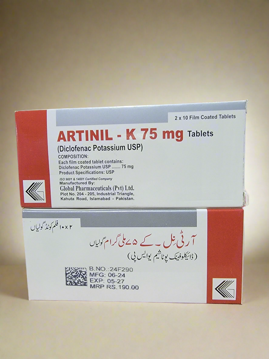 Artinil-K 75mg (Diclofenac Potassium USP) Film-Coated Tablets – 2x10 Tablets