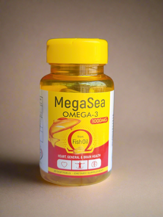 MegaSea Omega-3 1000mg Softgels – Fish Oil with EPA, DHA, Vitamin D & E – 20 Softgels