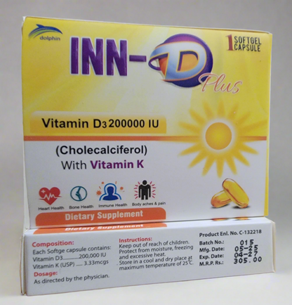 INN-D Plus Softgel Capsule | Vitamin D3 200000 IU with Vitamin K | 1 Softgel | Cholecalciferol Supplement