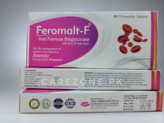Feromalt-F Chewable Tablets (Iron Ferrous Bisglycinate 20mg + Zinc 7.5mg + Folic Acid 50mcg) – Pack of 30 Tablets