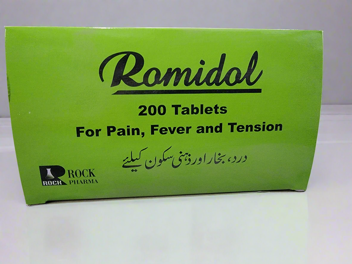 Romidol Tablets (Paracetamol+Caffeine+Chlorpheniramine Maleate)- 200 Tablets -For Pain, Fever, Flu & Tension Relief