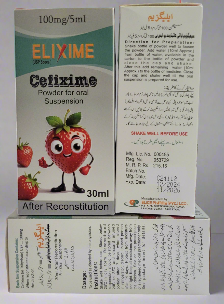 Elixime Cefixime 100mg/5ml Powder for Oral Suspension 30ml Bottle