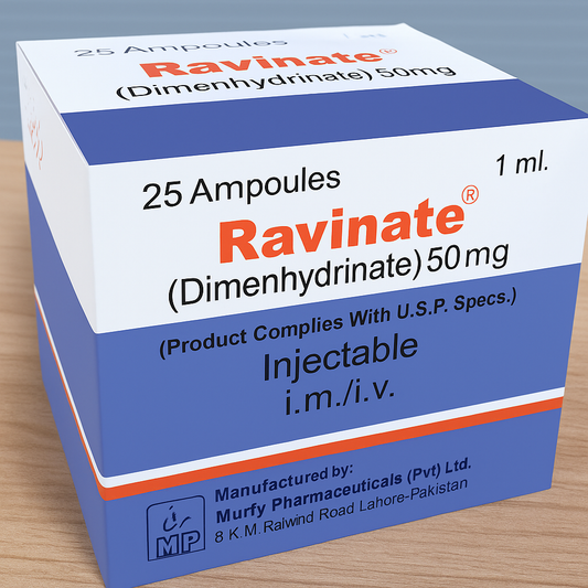Ravinate Injection 50mg – Dimenhydrinate – 25 Ampoules  (I.M./I.V.)