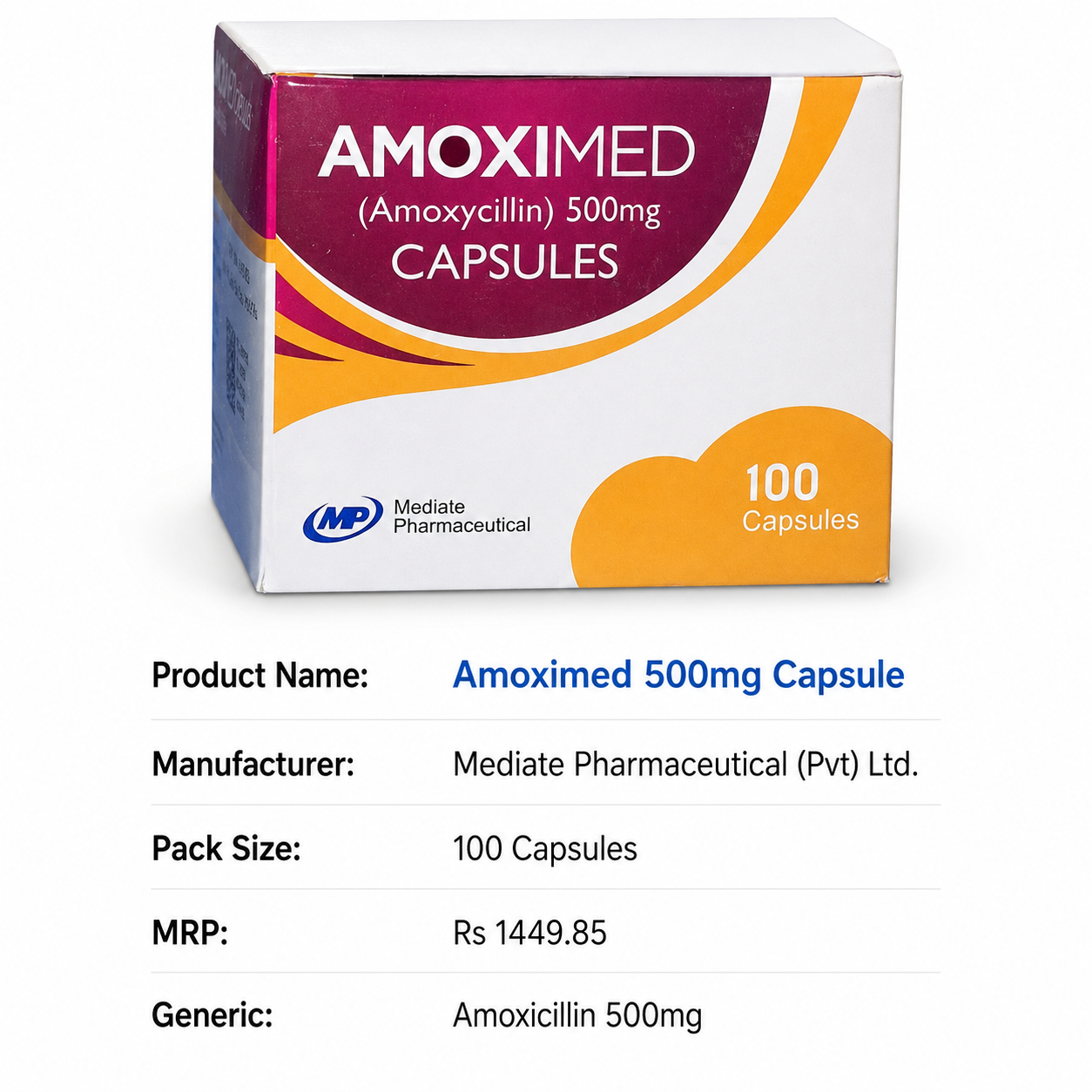 Amoximed 500mg Capsules – Amoxicillin 500mg For  Broad-Spectrum Antibiotic for Bacterial Infections | 100 Capsules