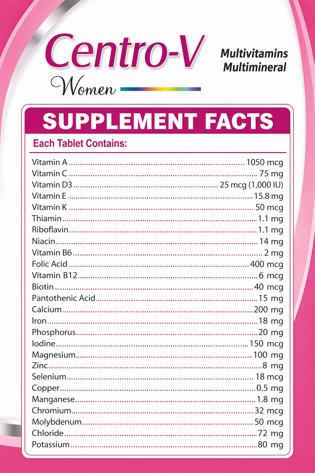Centro-V Women Tablets | Multivitamin & Multimineral Dietary Supplement for Women’s Energy, Beauty & Health | Centrum Women Alternative Price in Pakistan-60 tablets