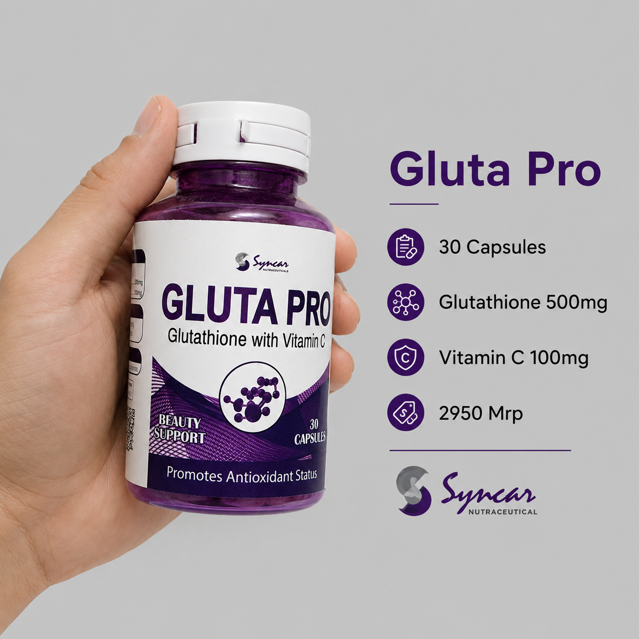 Gluta Pro 500mg Capsules – Glutathione + Vitamin C Antioxidant Supplement for Skin & Wellness | 30 Capsules