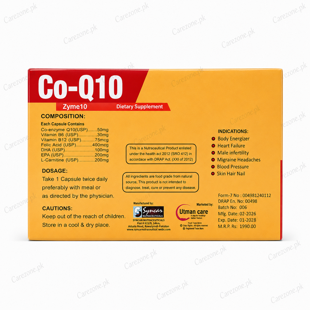 Zyme 10 ( Co-Q10 50mg ) Capsule – Coenzyme Q10 For Heart & Brain Support | Fertility & Antioxidant | 20 Capsules